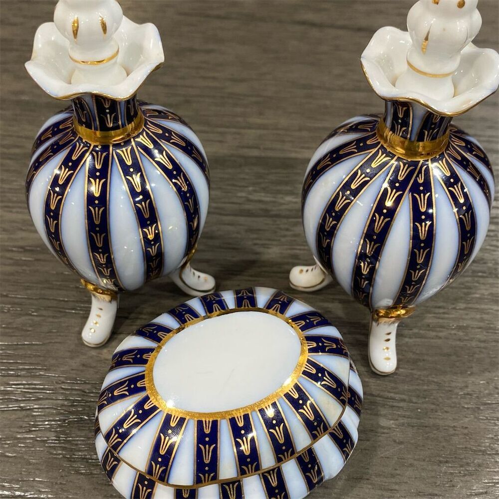 Royal Danube Blue & White vintage six piece Porcelain Set w/ Gold Accents